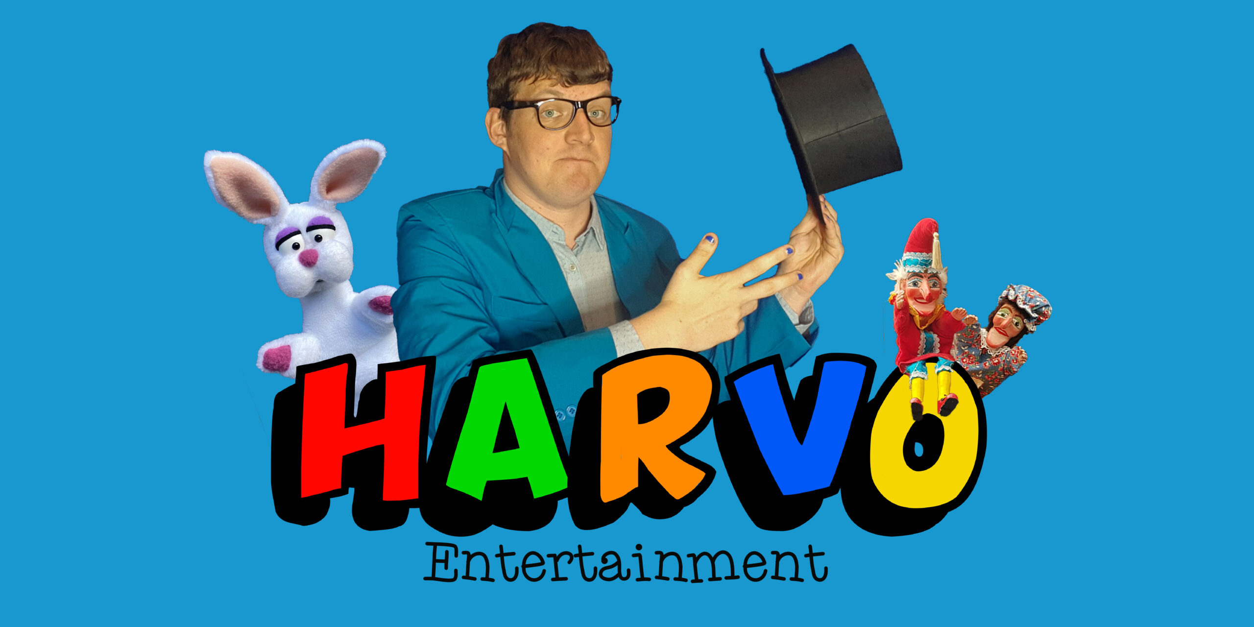Harvo Entertainment Logo with Harvo, Flopper, Punch and Judy behind it